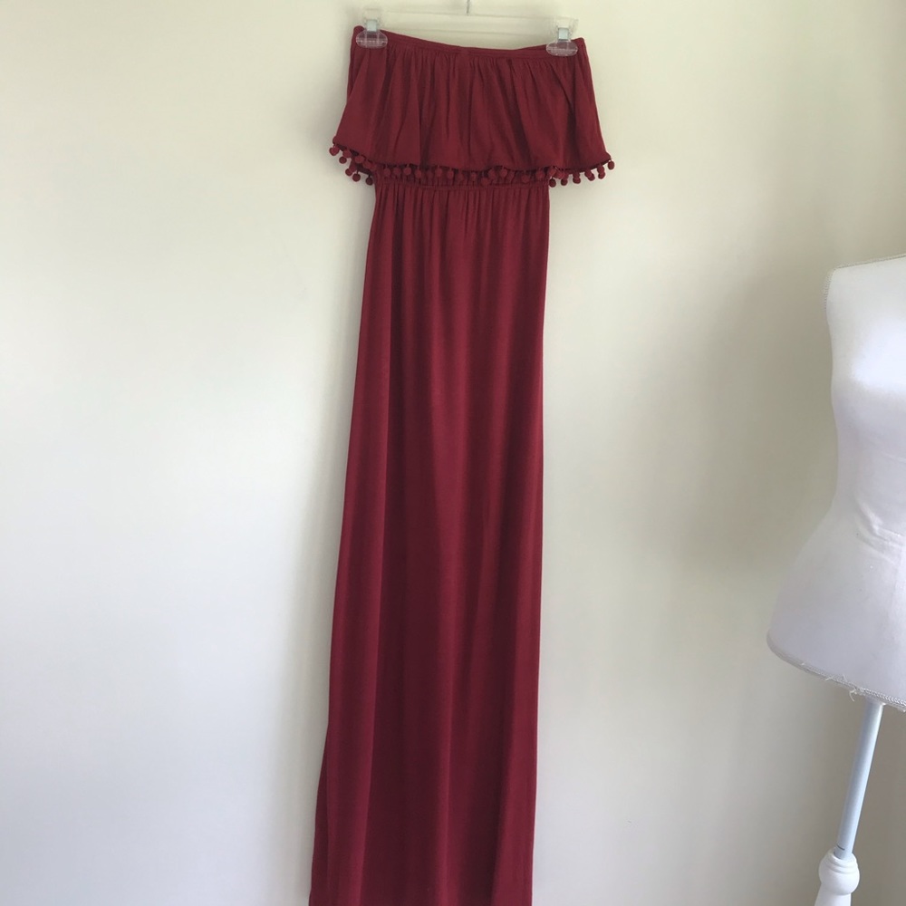 Burnt Orange Strapless Maxi Dress Pom Pom Trim Boho Size 4 - Picture 6 of 6